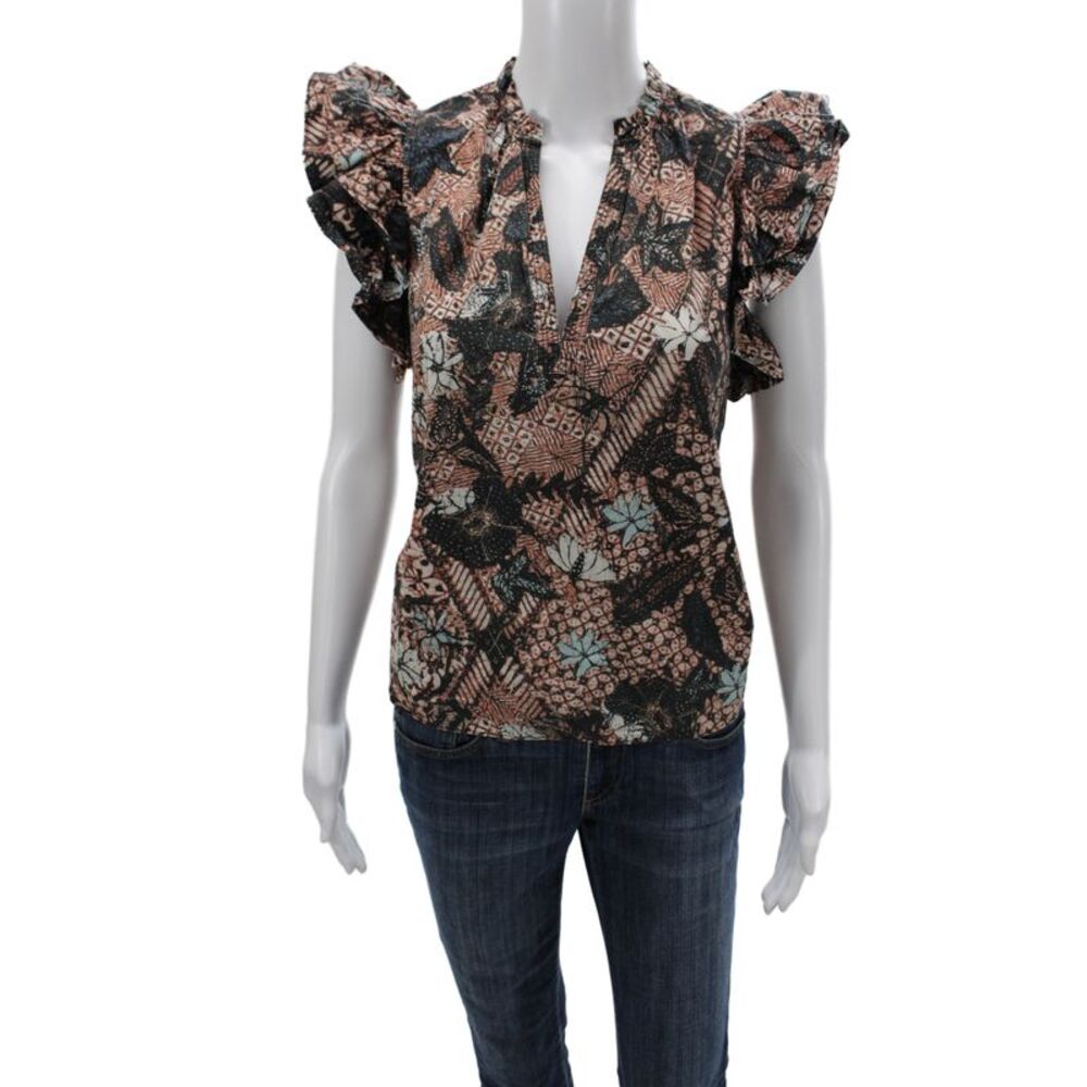 Ulla Johnson Womens Beige Floral V-Neck Cotton Blouse Sleeveless Size 4